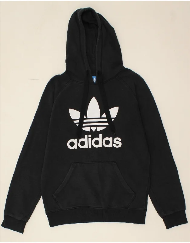 ADIDAS Mens Graphic Hoodie Jumper Small Black Cotton Hoodie with Drop Shoulder Relaxed Streetwear