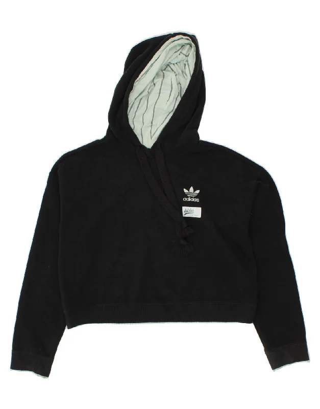 ADIDAS Womens Crop Hoodie Jumper UK 6 XS Black Polyester Hoodie with Hem Applique Textured Unique ADIDAS Womens Crop Hoodie Jumper UK 6 XS Black Polyester Hoodie with Hem Applique Textured Unique