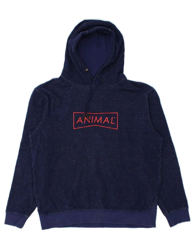 ANIMAL Mens Graphic Hoodie Jumper Large Navy Blue Cotton Hoodie with Strings Custom Fit Adjustable