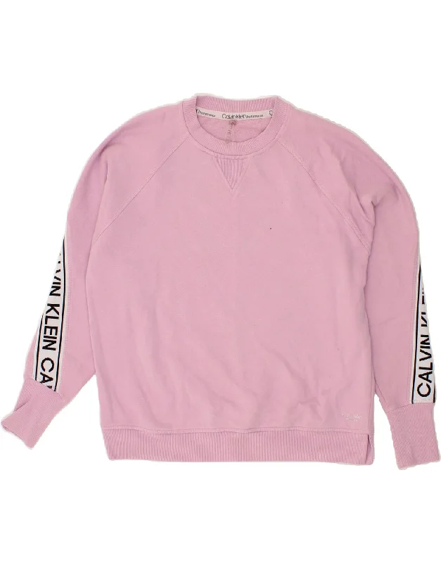 CALVIN KLEIN Womens Oversized Graphic Sweatshirt Jumper UK 6 XS Pink Hoodie with Button Classic Timeless