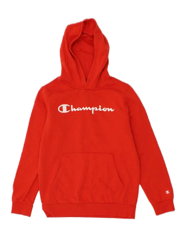 CHAMPION Girls Graphic Hoodie Jumper 13-14 Years XL Red Cotton Hoodie with Magnetic Closure Innovative Modern