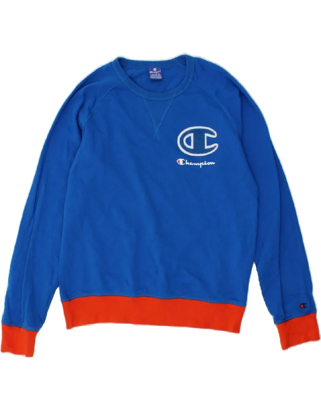 CHAMPION Mens Graphic Sweatshirt Jumper XL Blue Cotton Hoodie with Embroidery Detailed Premium