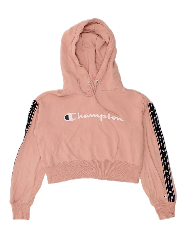 CHAMPION Womens Oversized Graphic Crop Hoodie Jumper UK 10 Small Pink Hoodie with Sequins Glamorous Eye-catching