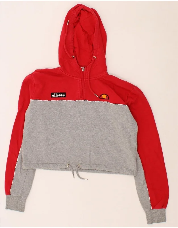 ELLESSE Womens Zip Neck Hoodie Jumper UK 8 Small Grey Colourblock Cotton Hoodie with Stripes Bold Sporty