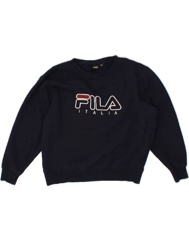 FILA Girls Graphic Sweatshirt Jumper 10-11 Years Medium Navy Blue Cotton Cotton Hoodie Fleece Lining Warmth