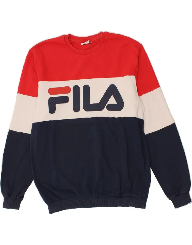 FILA Mens Graphic Sweatshirt Jumper Medium Navy Blue Colourblock Cotton Hoodie with Set-In Sleeves Structured Classic