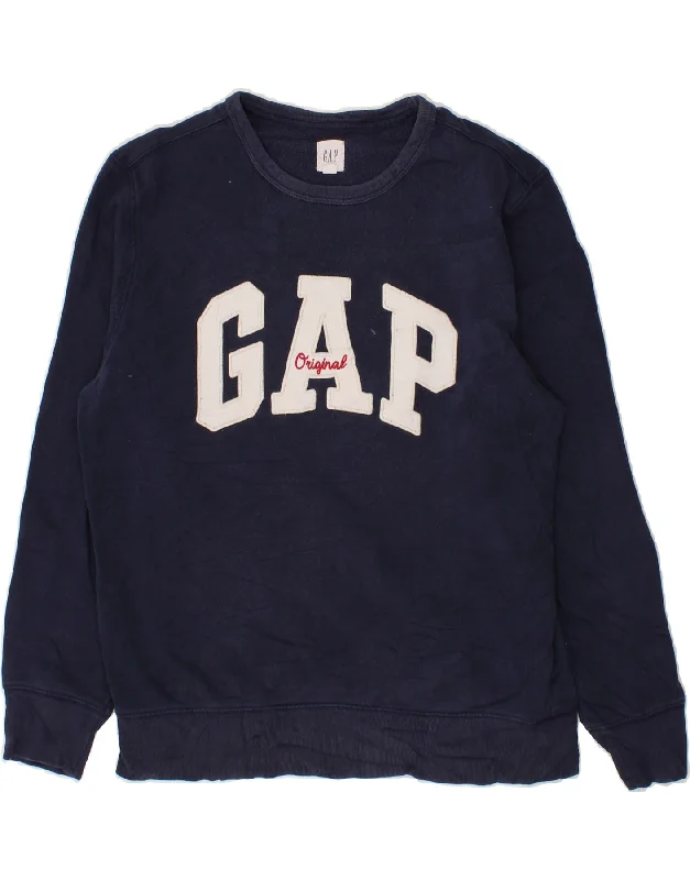 GAP Mens Graphic Sweatshirt Jumper Medium Navy Blue Cotton Hooded Sweatshirt Casual Wear Street Style