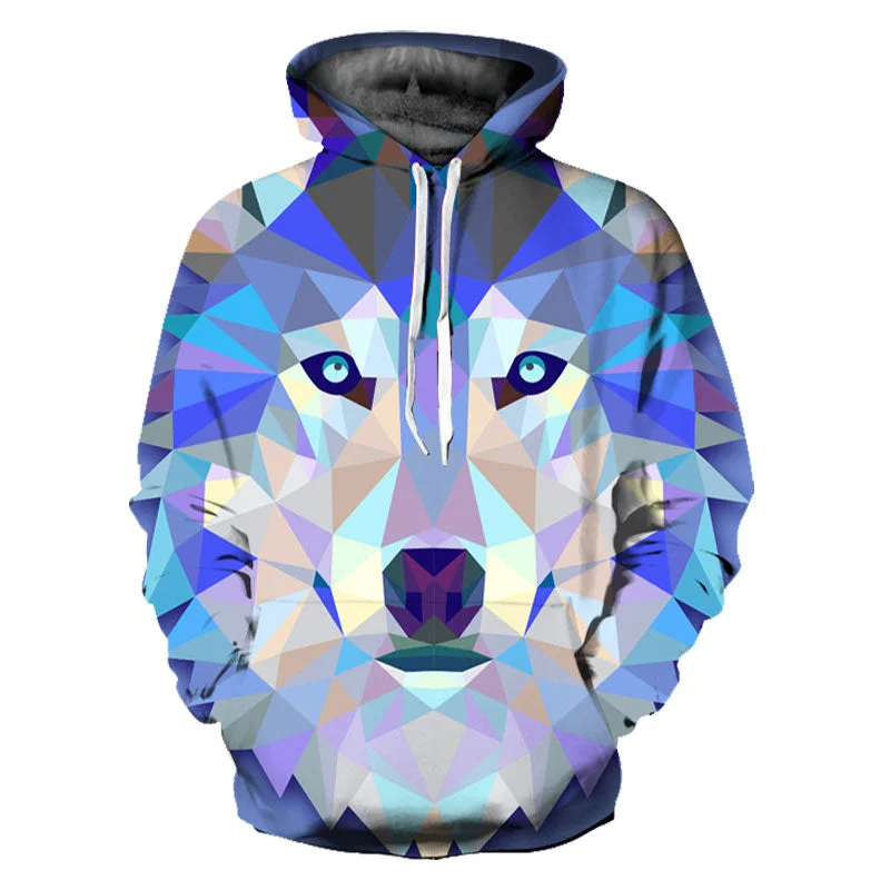 Geometric Wolf Blue Hoodie Hoodie with High-Low Hem Asymmetrical Trendy