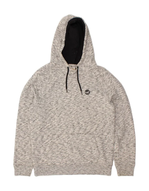 HOLLISTER Mens Hoodie Jumper Small Grey Flecked Cotton Hoodie with Hem Raw Edge Edgy Unfinished