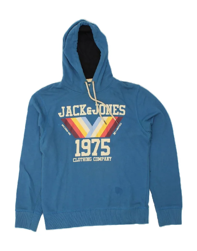 JACK & JONES Mens Graphic Hoodie Jumper Large Blue Cotton Hoodie with Emblem Brand Identity