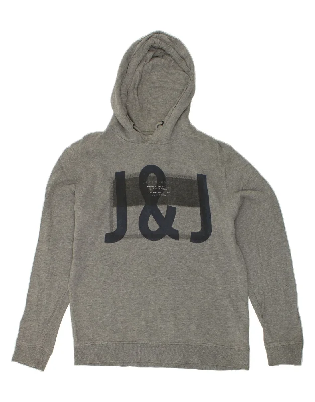 JACK & JONES Mens Graphic Hoodie Jumper Large Grey Cotton Hoodie with Hem Fringe Bohemian Relaxed