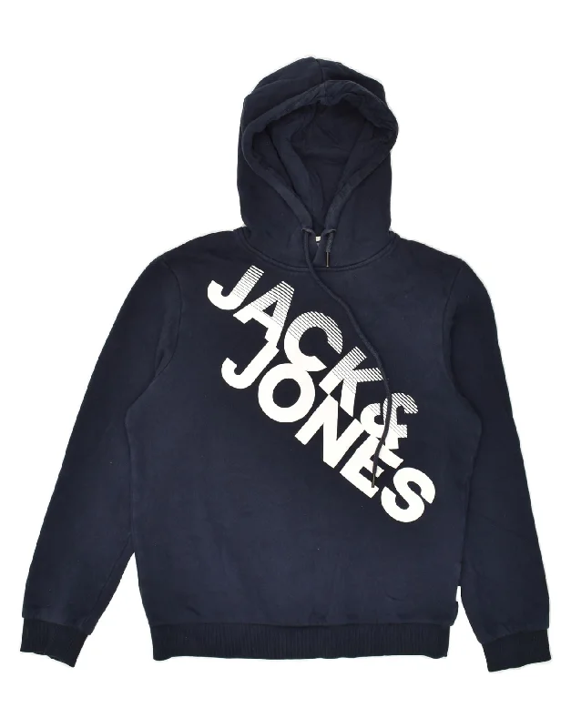 JACK & JONES Mens Graphic Hoodie Jumper Small Navy Blue Cotton Hoodie Crop Top Short Trendy