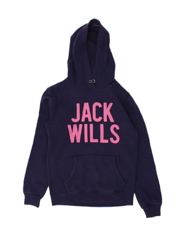 JACK WILLS Womens Graphic Hoodie Jumper UK 10 Small Navy Blue Cotton Hoodie with Neon Bright Vibrant