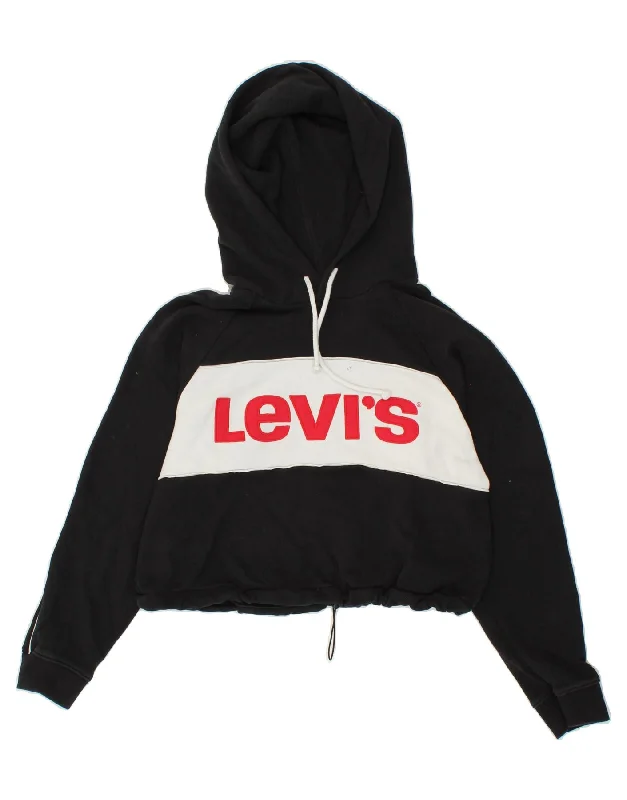 LEVI'S Womens Crop Graphic Hoodie Jumper UK 10 Small Black Colourblock Hoodie with Mesh Breathable Sporty