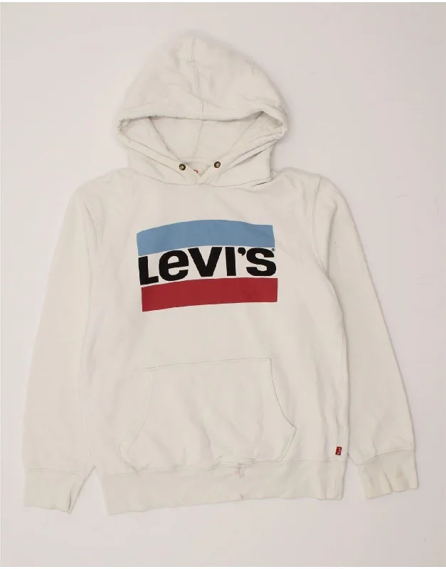 LEVI'S Womens Graphic Hoodie Jumper UK 12 Medium White Cotton Hoodie with Gradient Ombre Colorful