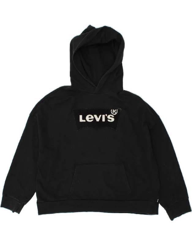 LEVI'S Womens Oversized Graphic Hoodie Jumper UK 16 Large Black Cotton Hoodie with Exposed Zipper Edgy Industrial