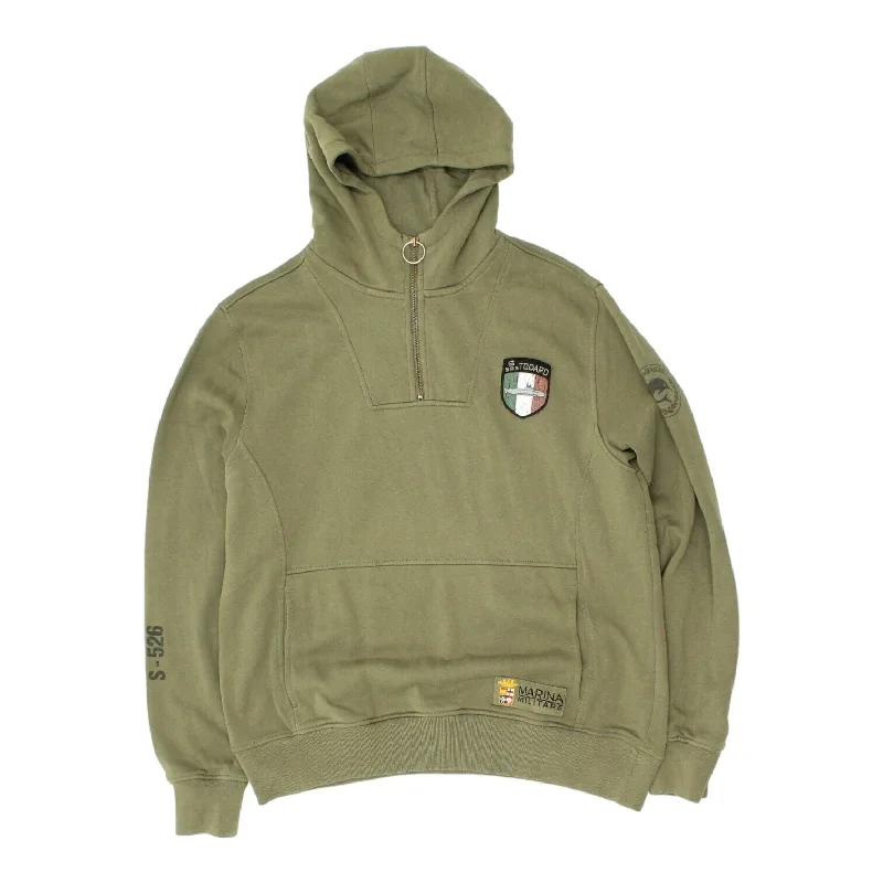 Marina Militare S 526 Todaro Mens Green Half Zip Hoodie | Vintage Designer Hoodie with Hem Embroidery Detailed Premium