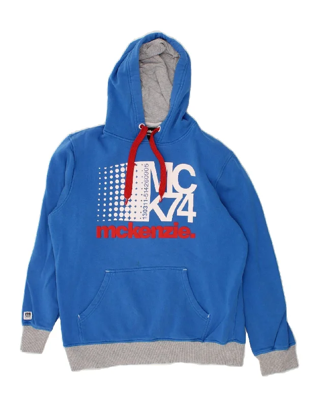 MCKENZIE Mens Graphic Hoodie Jumper Large Blue Cotton Hoodie Fleece Lining Warmth