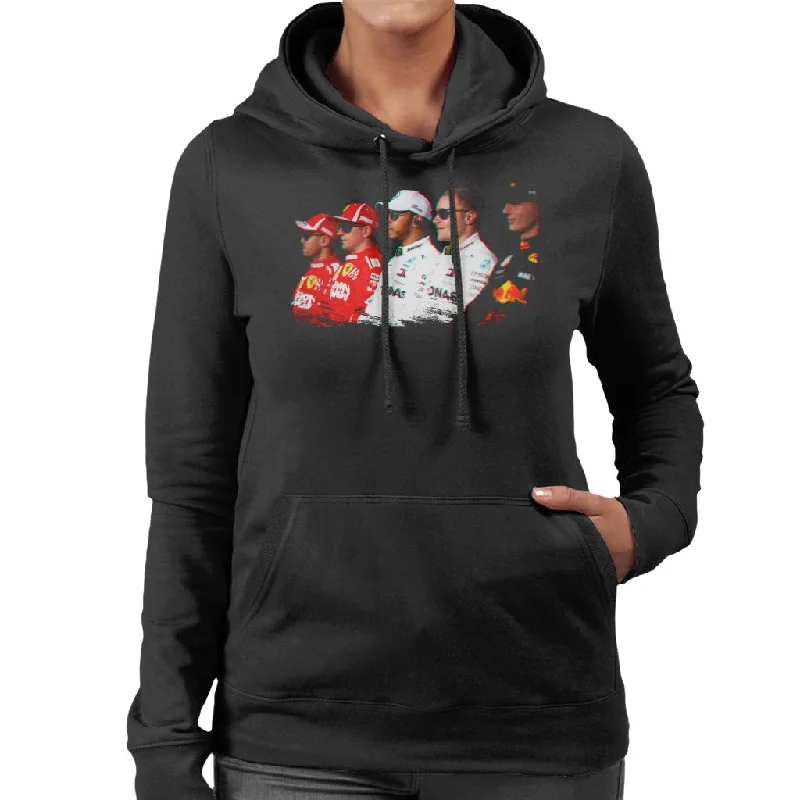 Motorsport Images Vettel Raikkonen Hamilton Botta & Verstappen Line Up Abi Dhabi GP Women's Hooded Sweatshirt Hoodie with Hem Elastic Stretchable Comfortable