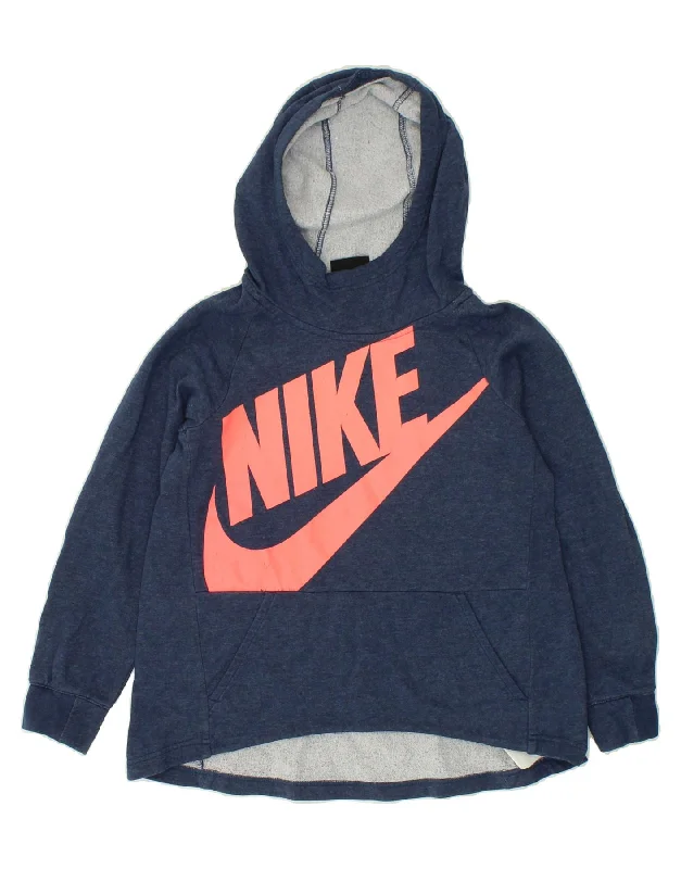 NIKE Girls Graphic Hoodie Jumper 10-11 Years Medium Navy Blue Cotton Hoodie with Mesh Breathable Sporty