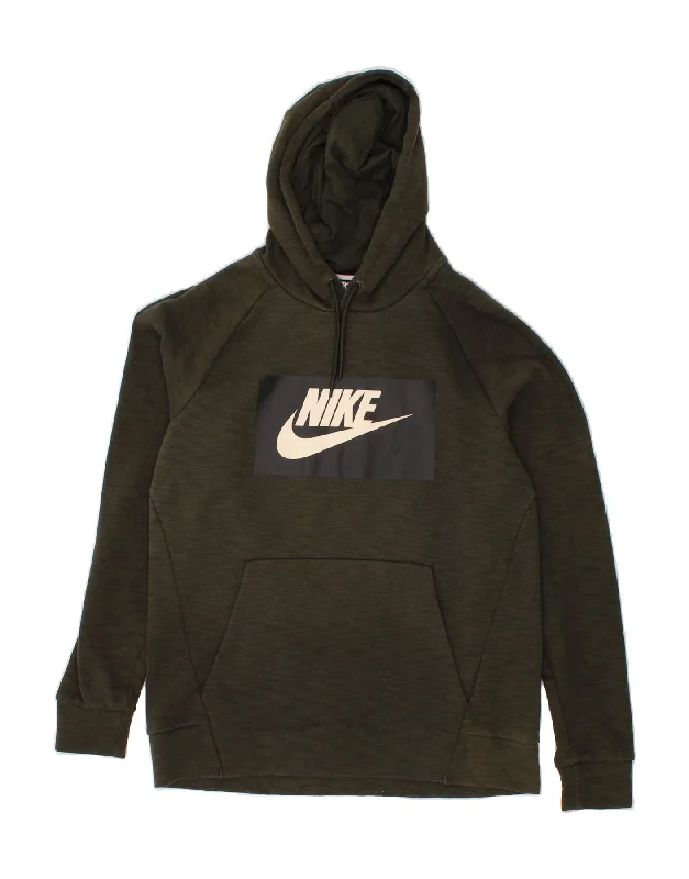 NIKE Mens Graphic Hoodie Jumper Medium Khaki Cotton Hoodie with Snap Buttons Easy Quick