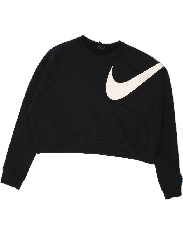 NIKE Womens Dri Fit Oversized Crop Sweatshirt Jumper UK 16 Large Black Hoodie with Drawcord Adjustable Secure