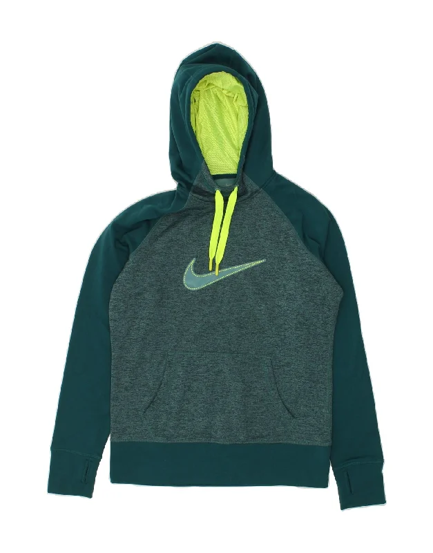 NIKE Womens Graphic Hoodie Jumper UK 14 Medium Green Colourblock Polyester Hoodie with Hem Drawcord Adjustable Customizable