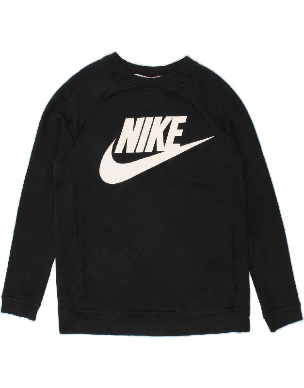 NIKE Womens Graphic Sweatshirt Jumper UK 6 XS Black Cotton Hoodie with Front Slit Layering Stylish