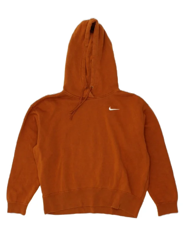 NIKE Womens Oversized Hoodie Jumper UK 10 Small Brown Cotton Hoodie with Logo Branding Identity