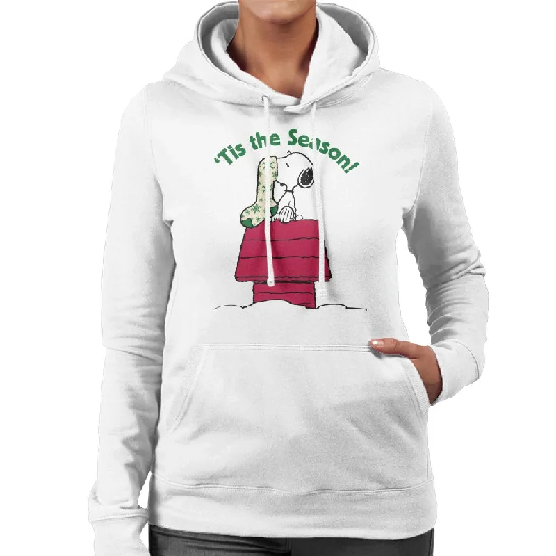 Peanuts Snoopy Tis The Season Festive Stocking Women's Hooded Sweatshirt Hoodie with Hem Frayed Vintage Worn