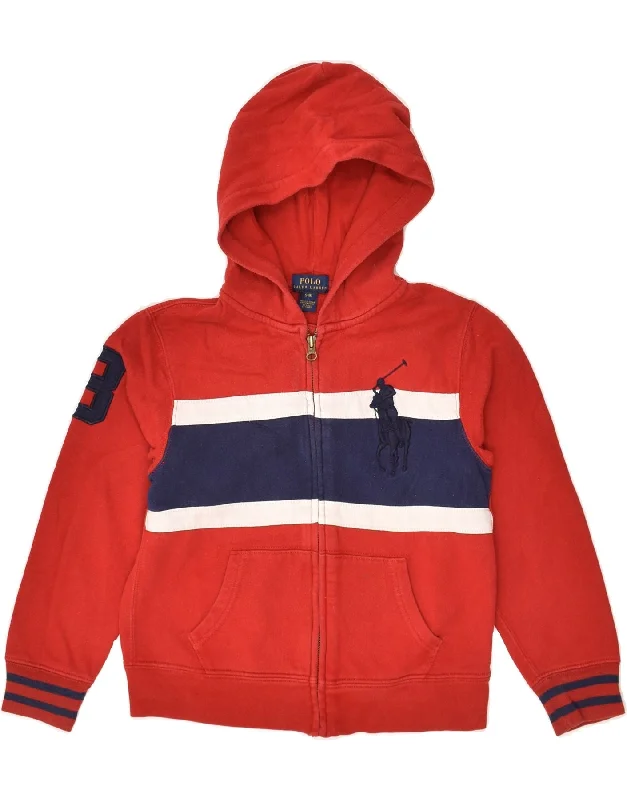 POLO RALPH LAUREN Boys Graphic Zip Hoodie Sweater 7-8 Years Small Red Hoodie with Hem Applique Textured Unique