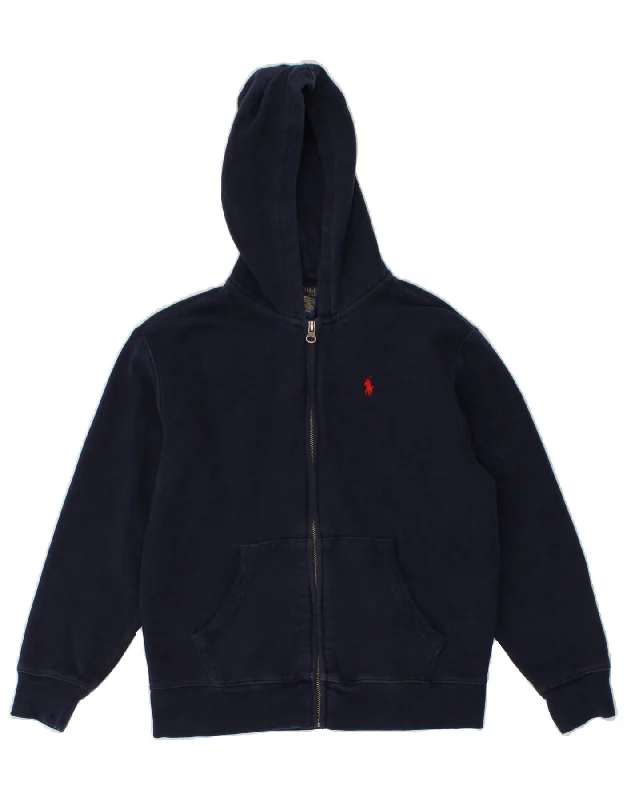 POLO RALPH LAUREN Boys Zip Hoodie Sweater 10-11 Years Medium Navy Blue Hoodie with Raw Hem Edgy Unfinished