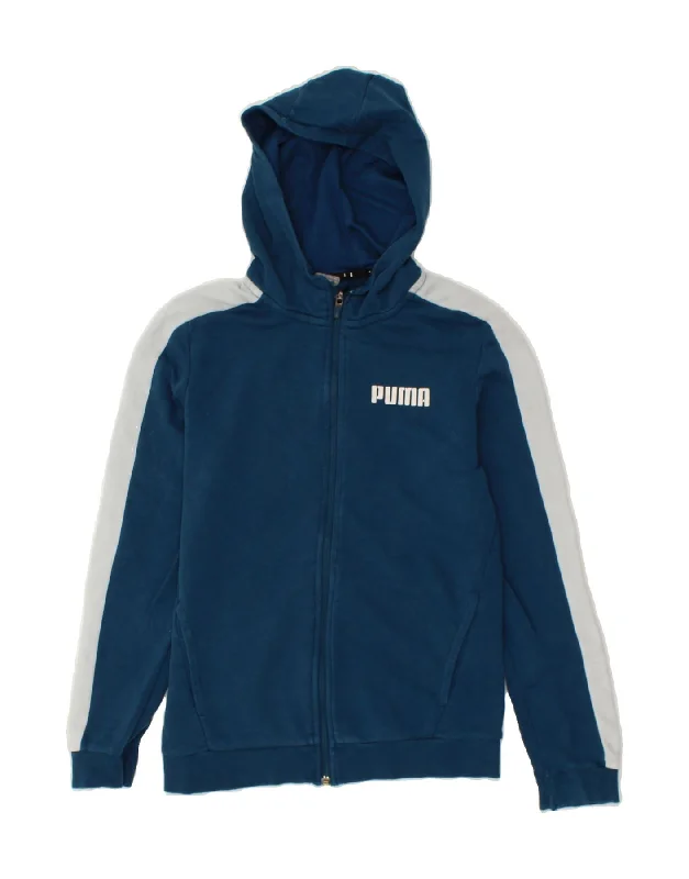 PUMA Boys Zip Hoodie Sweater 13-14 Years Blue Colourblock Cotton Hoodie with Toggle Buttons Decorative Unique PUMA Boys Zip Hoodie Sweater 13-14 Years Blue Colourblock Cotton Hoodie with Toggle Buttons Decorative Unique