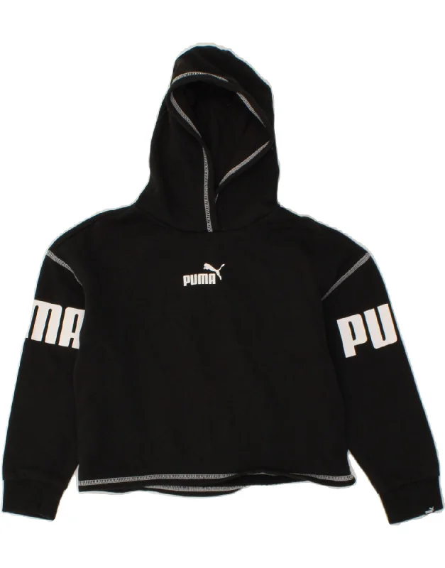 PUMA Girls Crop Graphic Hoodie Jumper 9-10 Years Black Cotton Hoodie with Frayed Bohemian Relaxed