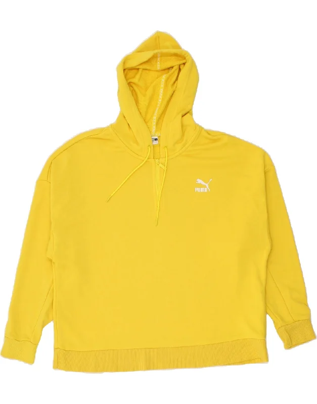 PUMA Womens Oversized Graphic Zip Neck Hoodie Jumper UK 10 Small Yellow Hoodie with Embroidery Detailed Premium