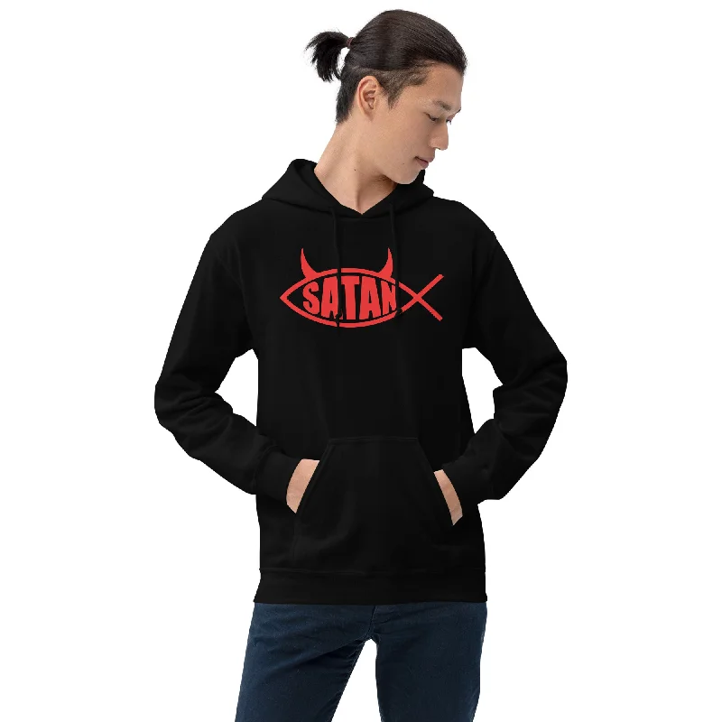 Red Ichthys Satan Fish with Horns Religious Satire Hoodie Sweatshirt Hoodie with Puffed Sleeves Voluminous Trendy