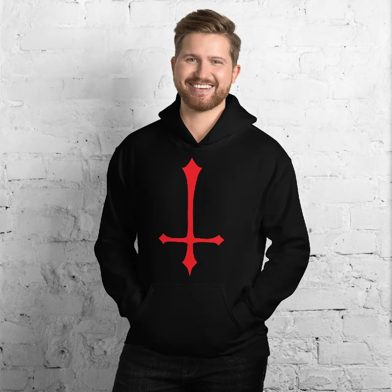 Red Inverted Satanic Unholy Cross Unisex Hoodie Sweatshirt Hoodie with Raw Hem Edgy Unfinished