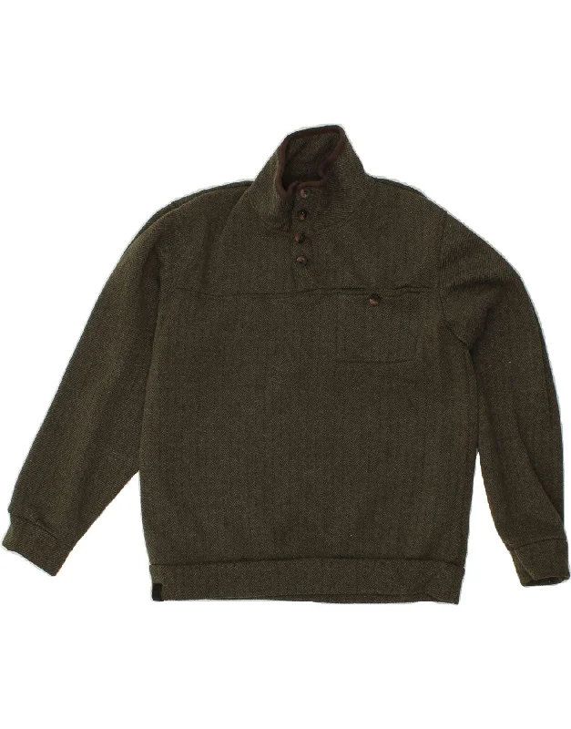 REGATTA Mens Button Neck Sweatshirt Jumper Small Green Herringbone Hoodie with Distressed Vintage Worn