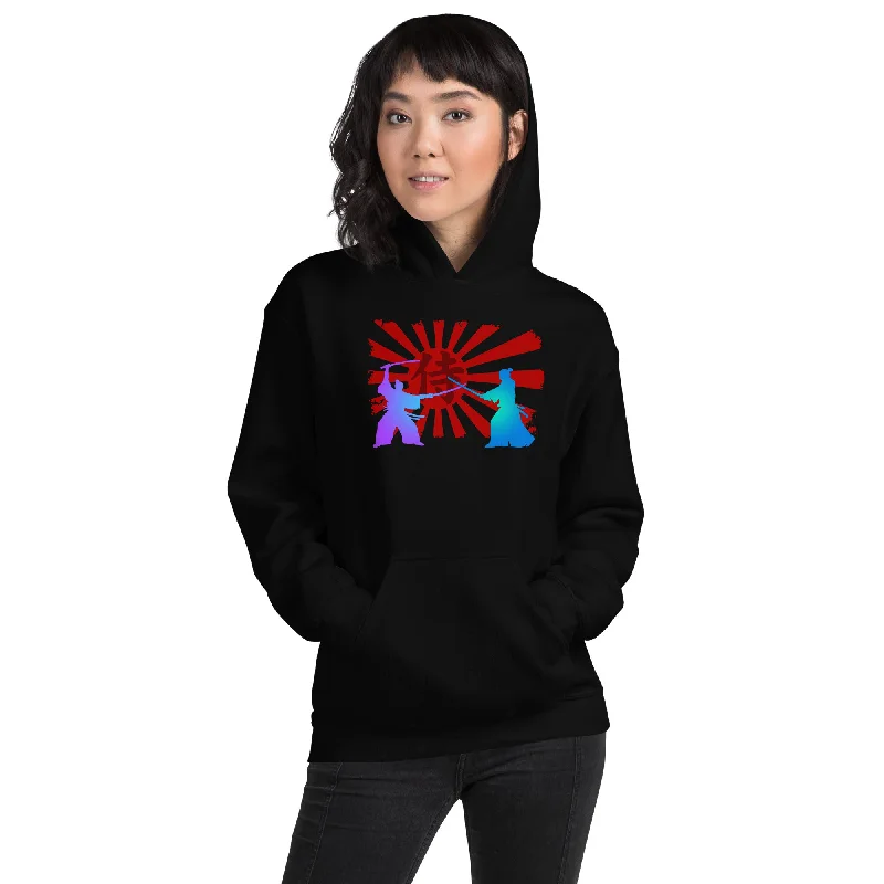 Samurai Warriors Duel Under Feudal Japan's Rising Sun Hoodie Sweatshirt Hoodie with Contrast Stitching Detailed Premium
