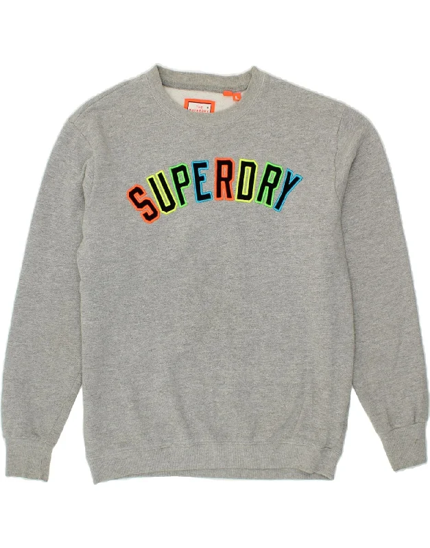 SUPERDRY Mens Graphic Sweatshirt Jumper Large Grey Cotton Hoodie with Hem Fringe Bohemian Relaxed