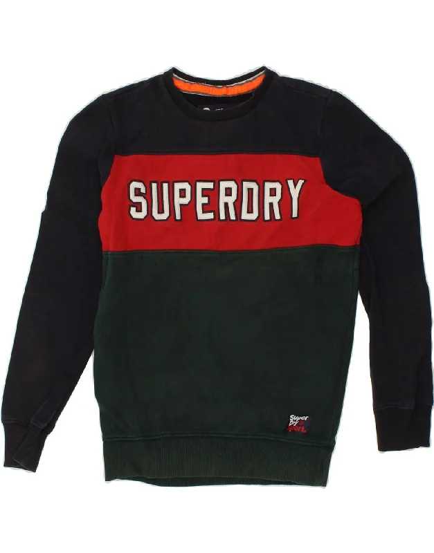 SUPERDRY Mens Graphic Sweatshirt Jumper Small Green Colourblock Cotton Hoodie with Earth Tones Natural Calm