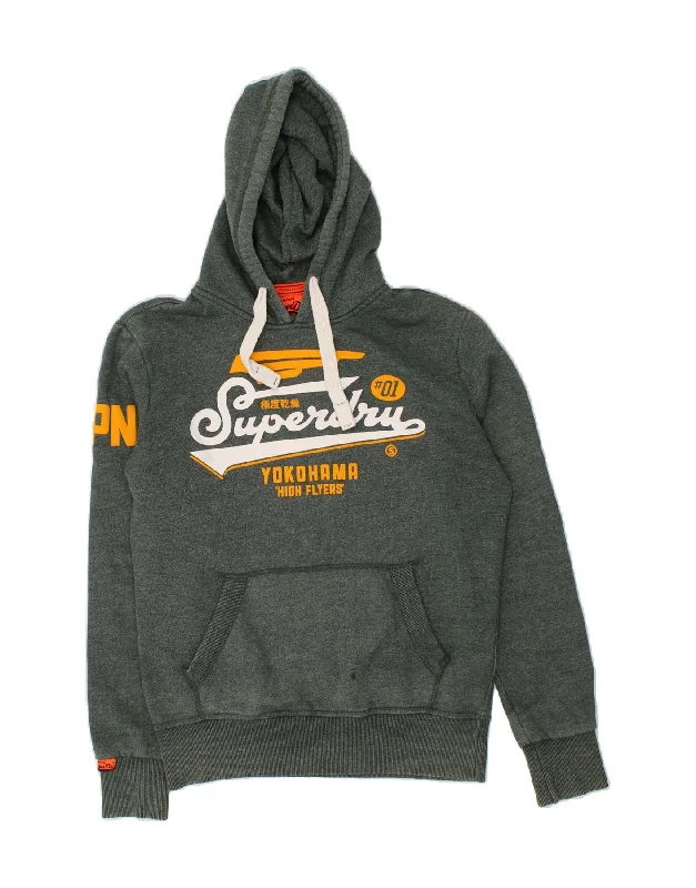 SUPERDRY Mens Yokohama Graphic Hoodie Jumper Medium Green Flecked Cotton Hoodie with Ribbed Hem Stretchable Secure