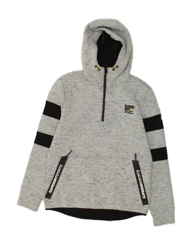 SUPERDRY Mens Zip Neck Hoodie Jumper Medium Grey Flecked Polyester Hoodie with Bell Sleeves Flared Feminine