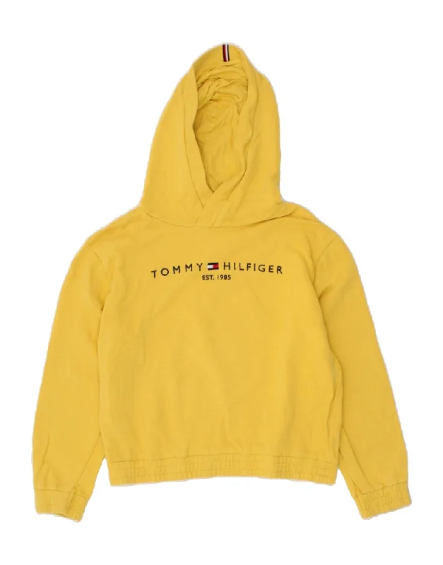 TOMMY HILFIGER Girls Graphic Hoodie Jumper 11-12 Years Yellow Cotton Hoodie with Bell Sleeves Flared Feminine