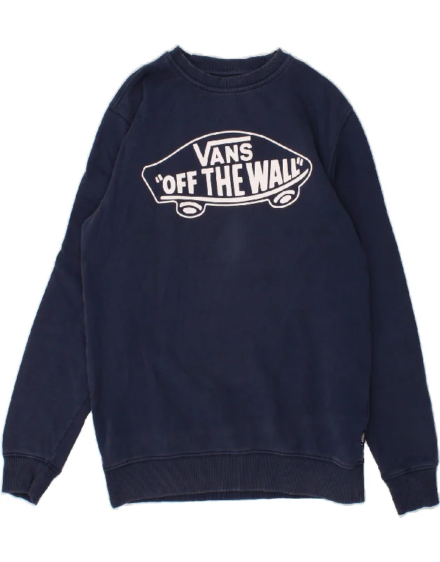 VANS Mens Graphic Sweatshirt Jumper Small Navy Blue Cotton Hoodie with Thumb Holes Functional Cozy