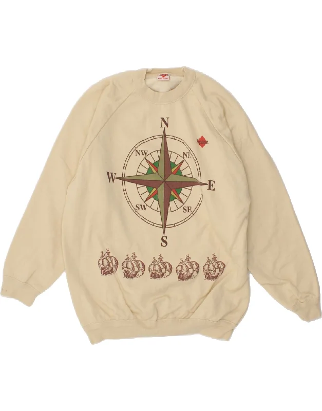 VINTAGE Mens Graphic Sweatshirt Jumper Large Beige Cotton Hoodie with Hem Contrast Bold Stylish