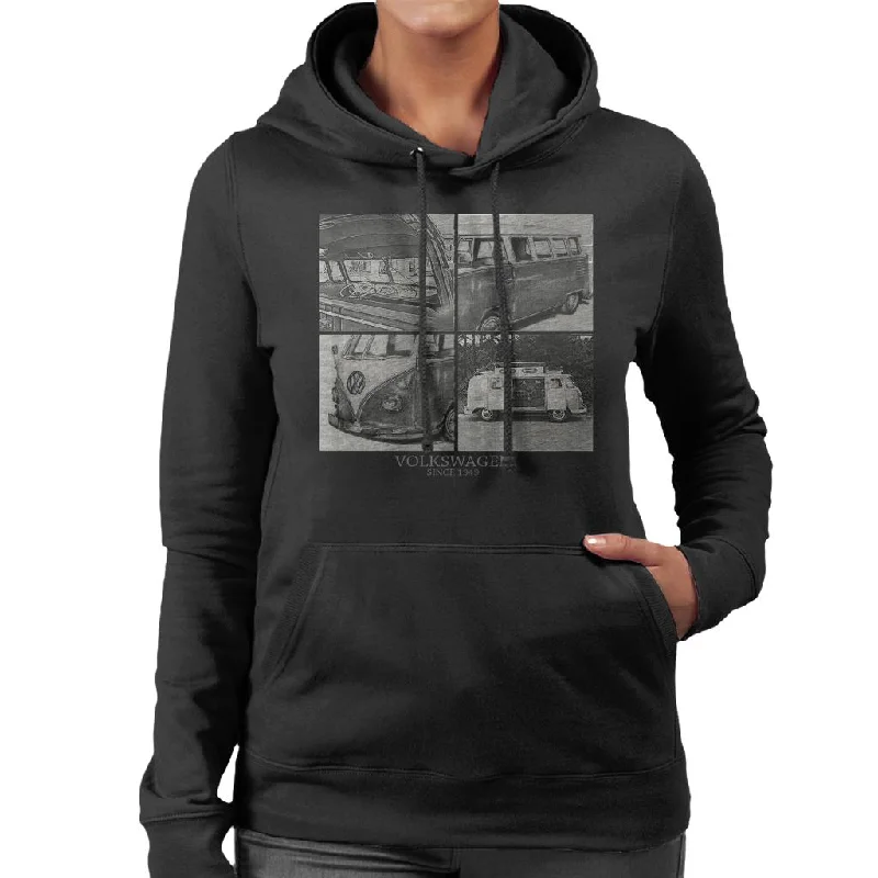 Volkswagen Campervan 1949 Various Sketches Women's Hooded Sweatshirt Hoodie with Side Slits Relaxed Casual