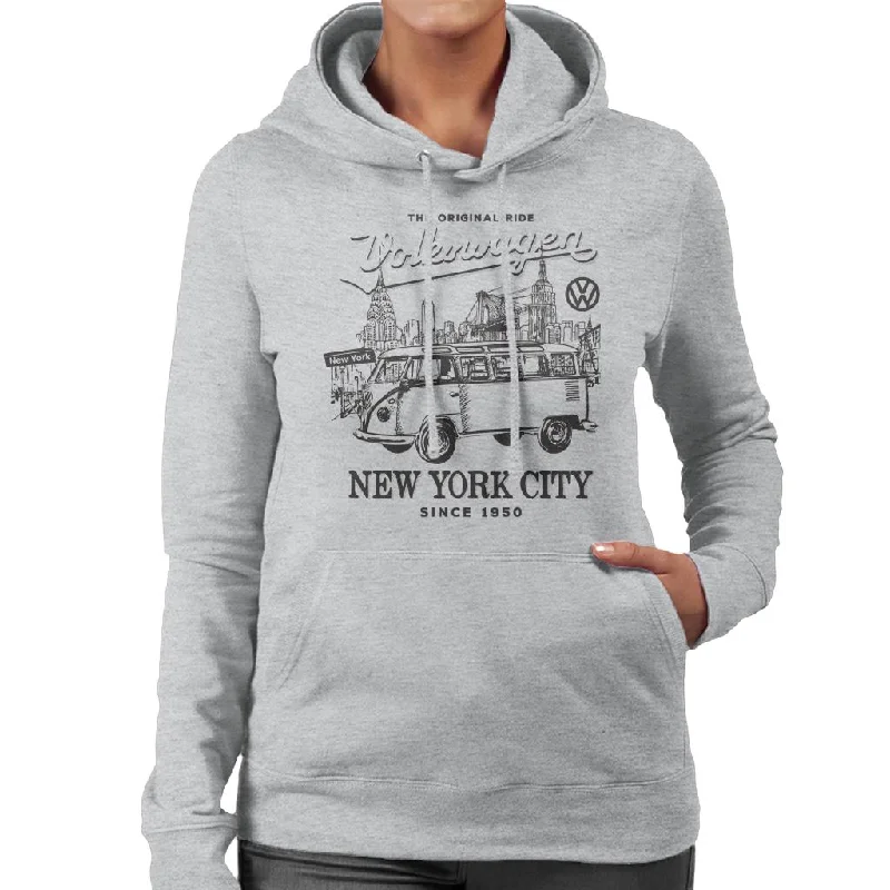 Volkswagen Campervan Since 1950 In New York City Women's Hooded Sweatshirt Hoodie with Button Classic Timeless