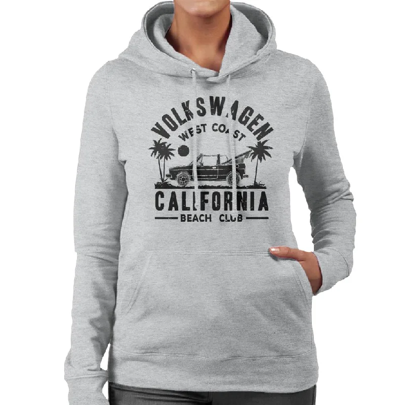 Volkswagen Convertible West Coast California Retro Black Text Women's Hooded Sweatshirt Hoodie with Hidden Zipper Minimalist Clean