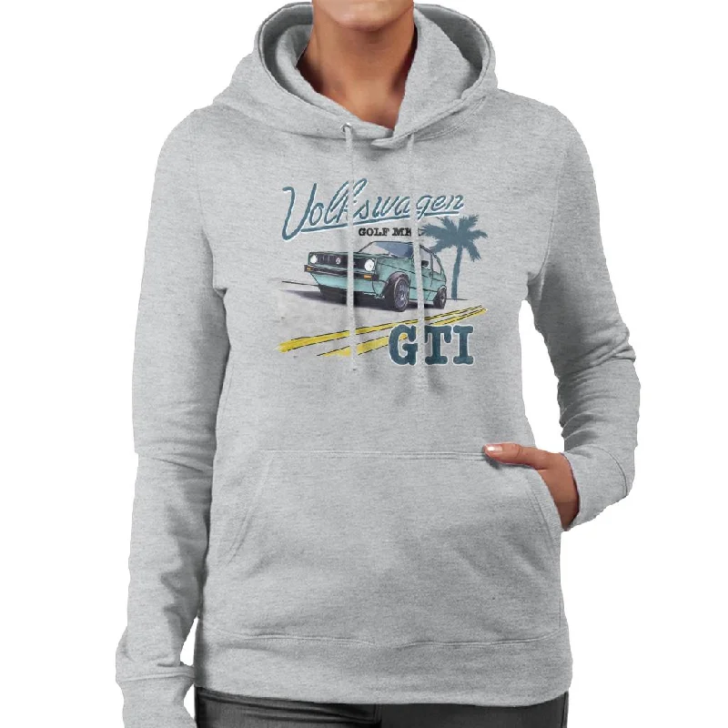 Volkswagen Golf MK1 GT1 On The Open Road Black Text Women's Hooded Sweatshirt Hoodie with Sequins Glamorous Eye-catching